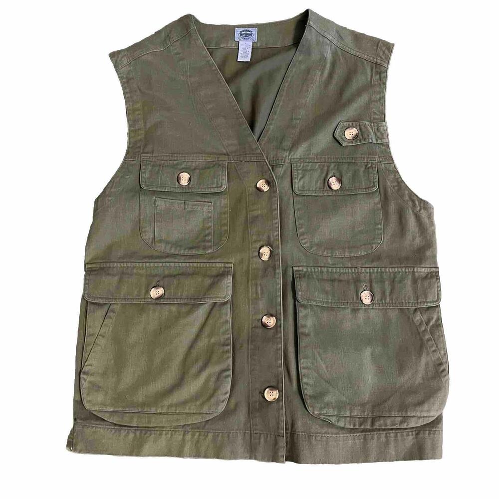 Vintage Cotton Cargo Vest Army Green Utility Fishing Hiking Safari Y2K gorpcore